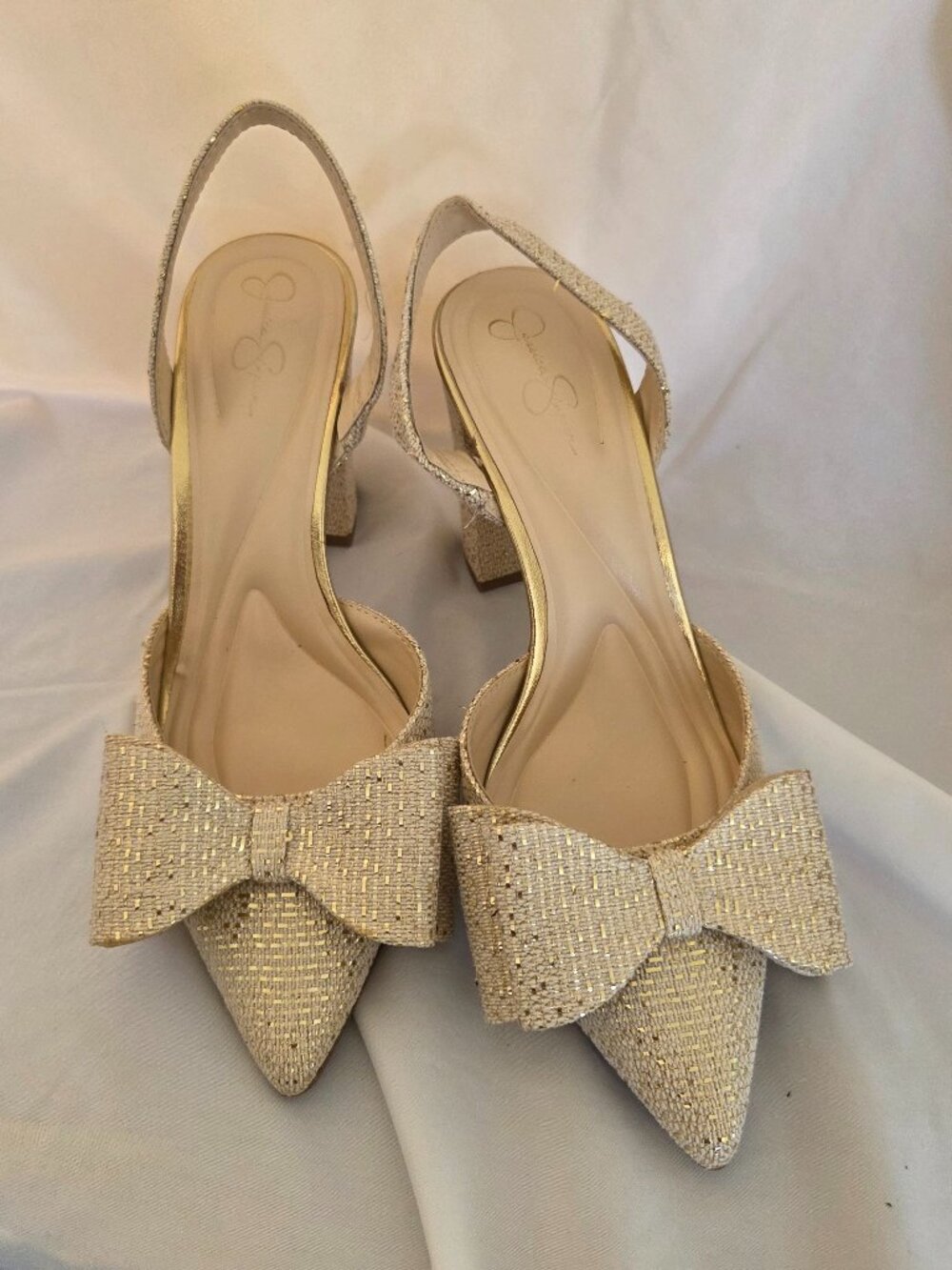 Jessica Simpson Gold Block Heels w/ Bow | Statement Heels | Dressy Shoes